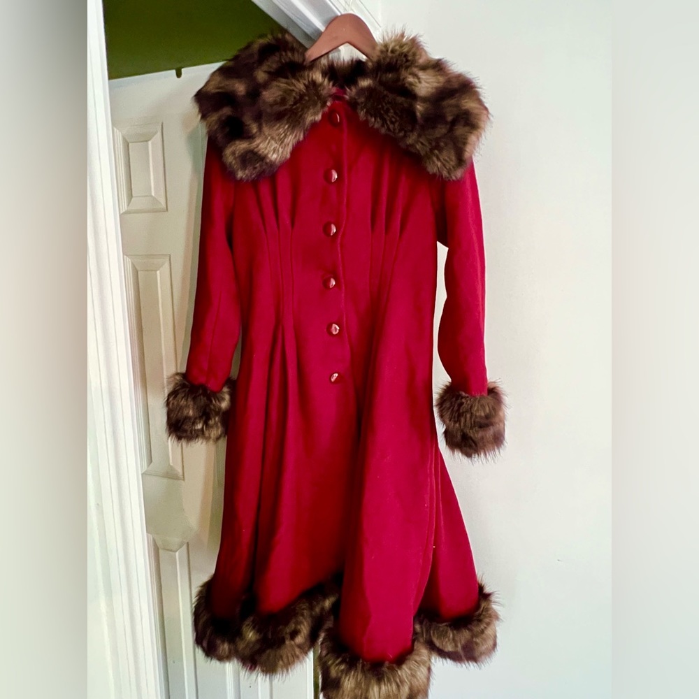 Wine colored wool coat with faux fur cuffs, trim and collar NEW WITH TAGS!
